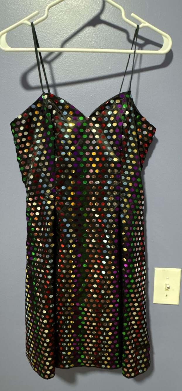 Deadstock Vintage Sequin Polka Dot Cocktail Dress Size 9/10 Black Rainbow Bow Ba